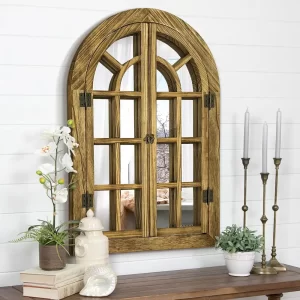 Natural Wood Frame Arched Wall Mirror, Window Mirrors for Wall Decor