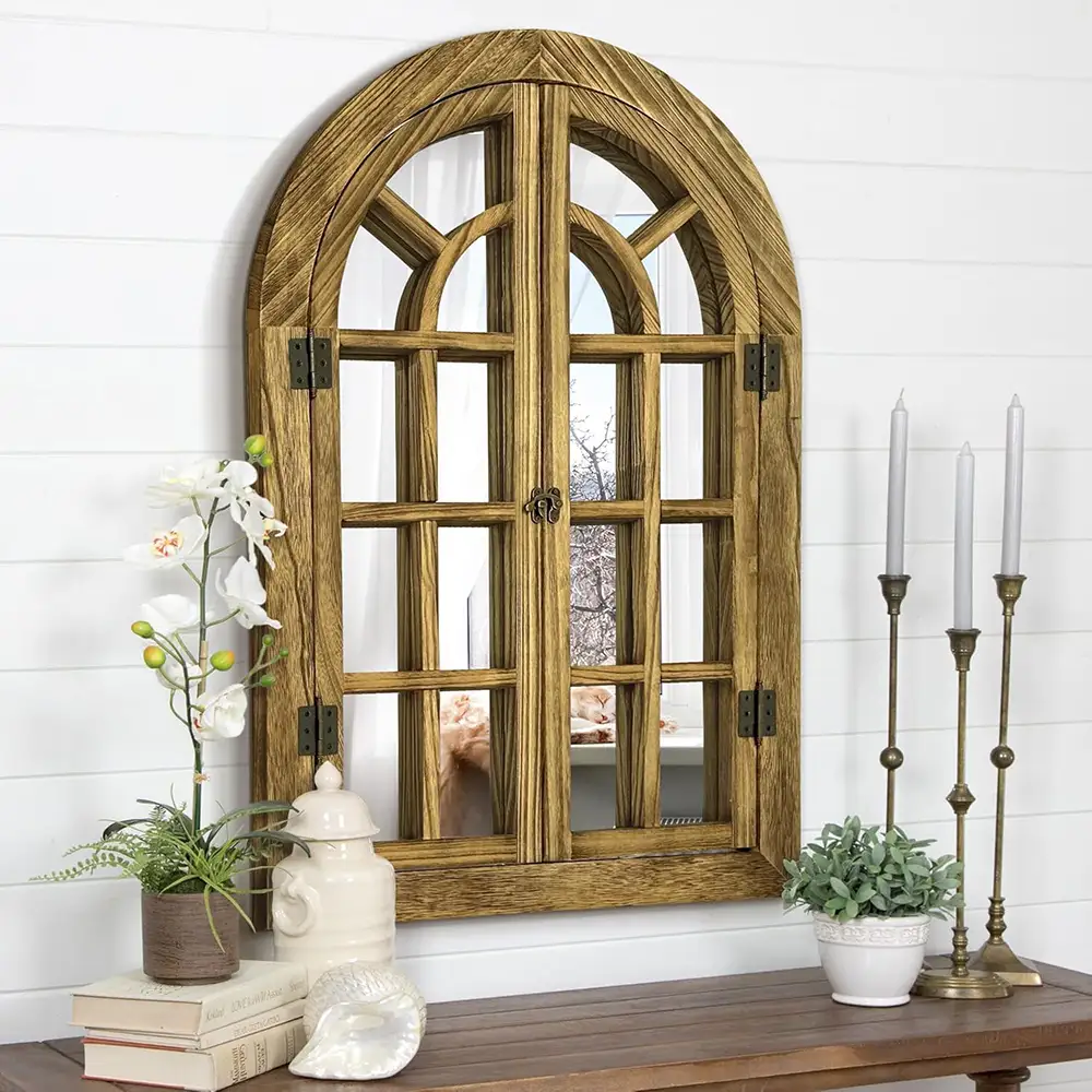 natural wood-frame arched wall mirror